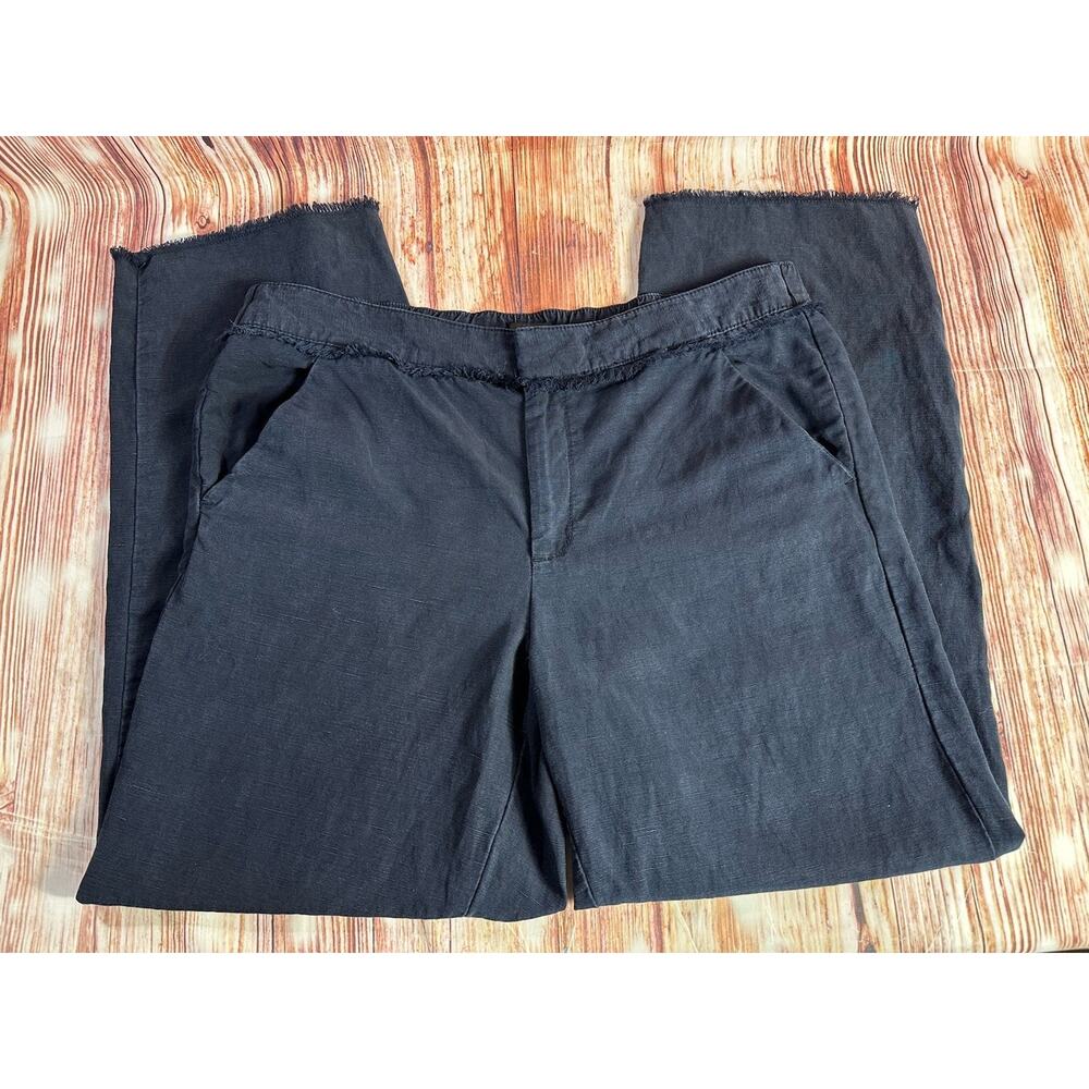 LOFT Size Small Navy Blue Linen Blend Mid Rise Frayed Hem Crop Ankle Pants 33x27 - Picture 3 of 10